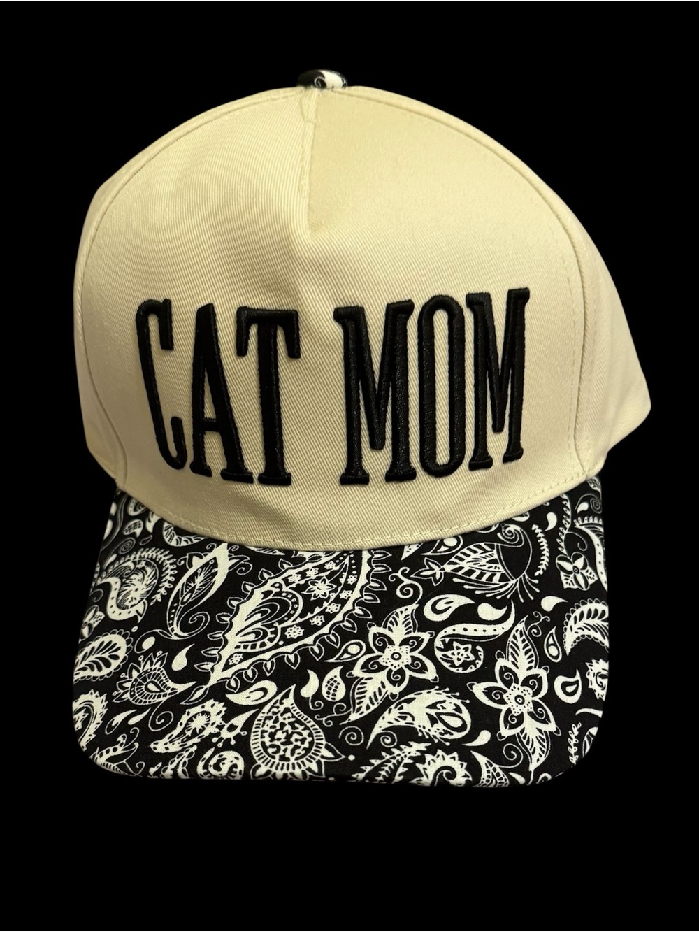 Cat Mom Embroidered Baseball Cap - Cream with Black Paisley Brim NWT